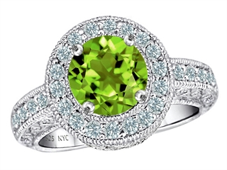 925 Sterling Silver 14K White Gold Plated Genuine Round Peridot Engagement Ring Peridot Engagement Rings