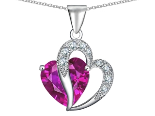 EZ 925 Sterling Silver 14 karat White Gold Plated Lab Created Heart Shape Pink Sapphire Pendant