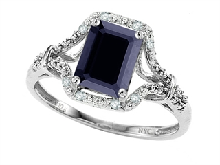 10k White Gold Genuine Emerald Cut Black Sapphire and Diamond Ring