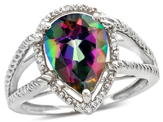 Tommaso Design(tm) Pear Shape 11x8mm Mystic Rainbow Topaz and Diamond Ring