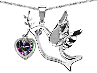 Original Star K(tm) Peace Love Dove Pendant with 7mm Heart Shape Rainbow Mystic Topaz