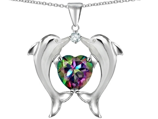 Original Star K(tm) Kissing Love Dolphins Pendant With 8mm Heart Shape Mystic Rainbow Topaz