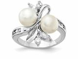 Cheryl M™ Sterling Silver CZ White Cultured Pearl Leaves Ring