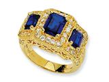 Cheryl M™ Gold Plated Sterling Silver Synthetic Sapphire and CZ 3-stone Ring