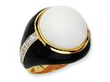 Cheryl M™ Gold Plated Sterling Silver Blk Enam Simulated Wht Agate and CZ Ring