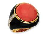 Cheryl M™ Gold Plated Sterling Silver Blk Enam Simulated Red Coral and CZ Ring