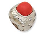 Cheryl M™ Sterling Silver Satin Simulated Red Coral and CZ Ring