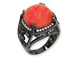 Cheryl M™ Black-plated Sterling Silver Simulated Red Coral and CZ Ring