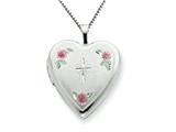 925 Sterling Silver 20mm Enameled with Cross Design Heart Locket - Chain Included