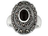 Sterling Silver Marcasite Oval Ring with Onyx Center