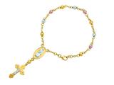 14K Yellow Gold 7 Inch Tri-Color Rosary Symbolic Cross Bracelet