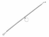 Rhodium Plated 7.5 Inch Round Bead Bracelet with a Flat Dangle Heart and Pear Shape Clasp