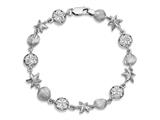 925 Sterling Silver Diamond Cut 7.25 Inch Starfish, Shell, and Flat Round Link Sea Life Bracelet with Lobster Clasp