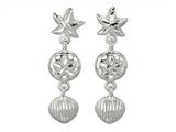 925 Sterling Silver Diamond Cut Starfish, Sand Dollar, and Shell Sea Life Dangle Earrings