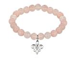 Phillip Gavriel 925 Sterling Silver 7.5 Inch Rose Quartz Stretch Bead Bracelet with Fleur De Lis Charm