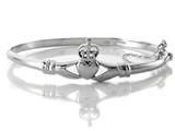 925 Sterling Silver Claddagh Bangle 7 inches with Safety Chain