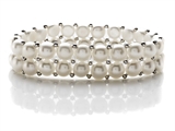 Double Row Genuine Button Pearl Stretchable Bracelet with Silver Beads