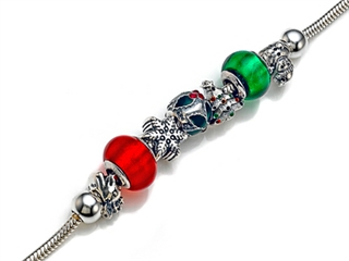 Red and Green Signature Charm Bracelet, Sterling Silver and Murano Glass Charm  Beads