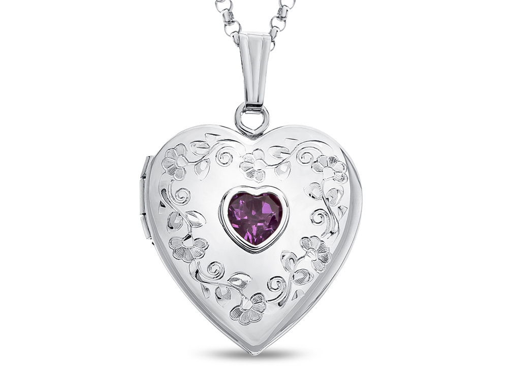 Sterling Silver Rhodium Heart Locket Pendant Necklace with Pink Heart Shape CZ Chain Included