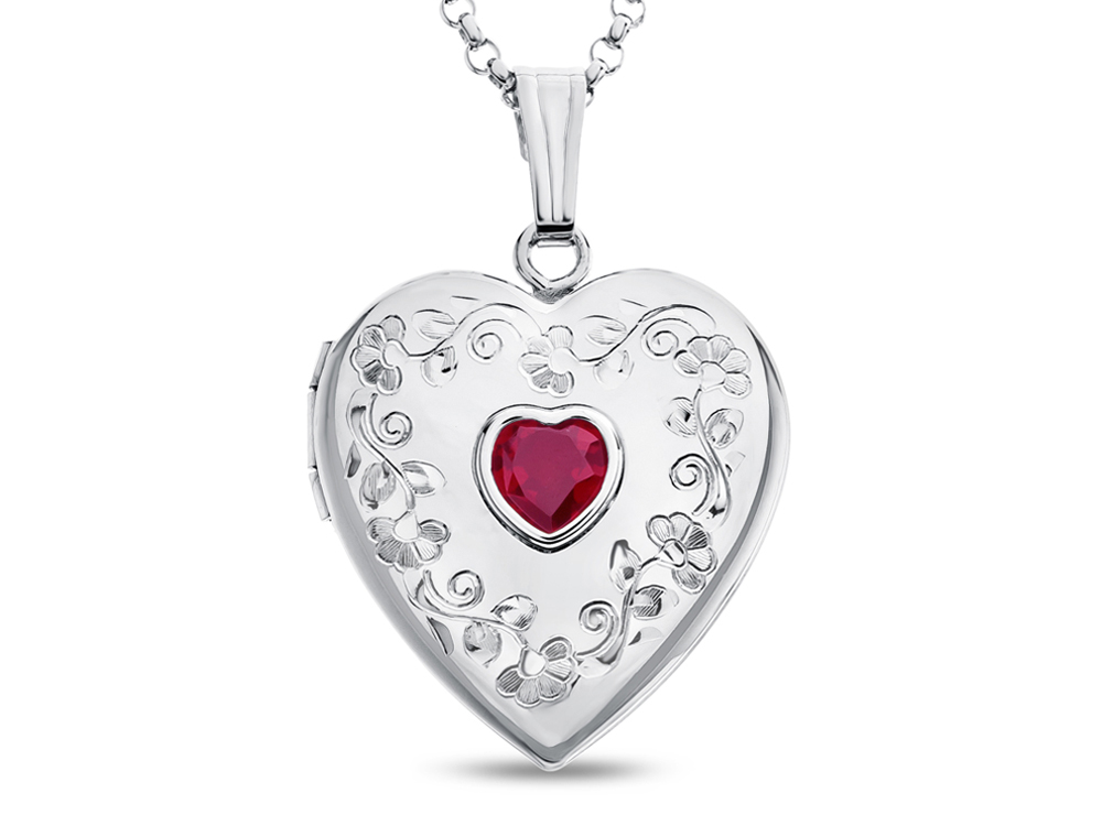 Sterling Silver Rhodium Heart Locket Pendant Necklace with Pink Heart Shape CZ Chain Included