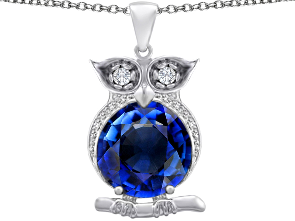 Star K 10mm Round Created Sapphire Good Luck Owl Pendant Necklace ...