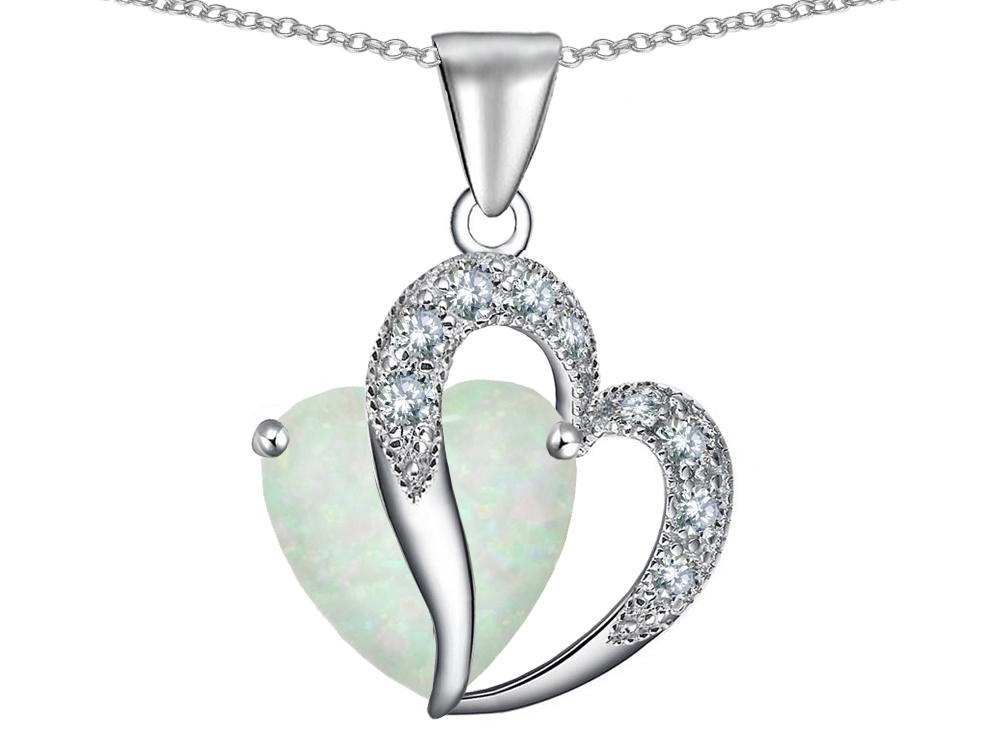 Star K Heart Shape 12mm White Created Opal and Cubic Zirconia Pendant