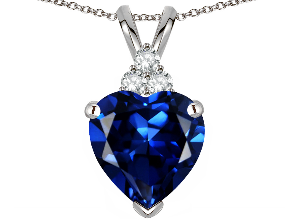 Star K 8mm Heart Shape Created Sapphire Three Stone Pendant