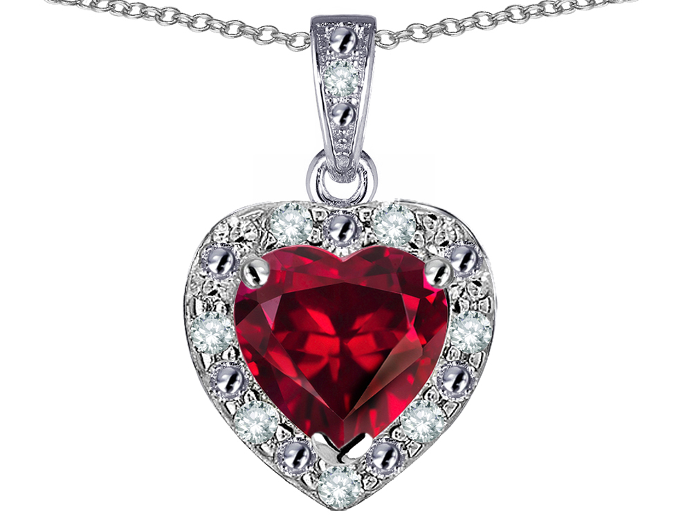 Star K 10k Heart Shape Created Ruby Halo Pendant Necklace 318994