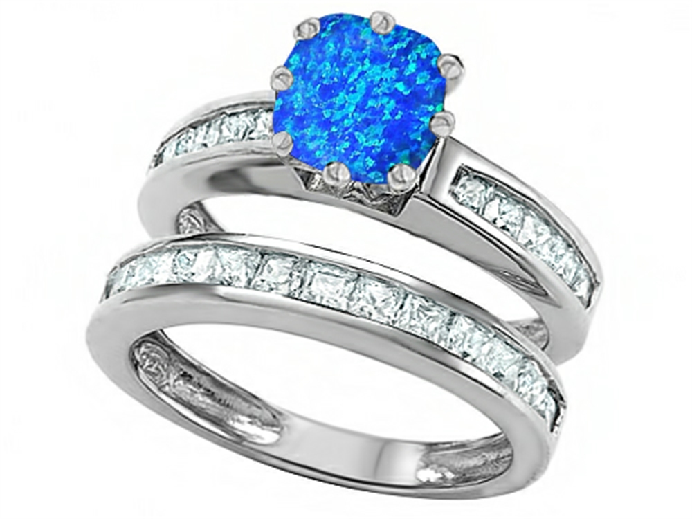 Star K CushionCut 7mm Simulated Blue Opal Wedding Set 307122