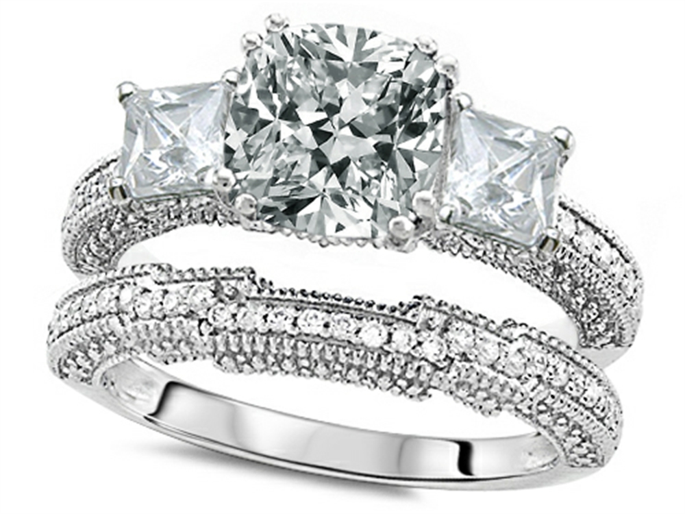 Star K Cushion Cut 7mm White Topaz Engagement Wedding Set 307719