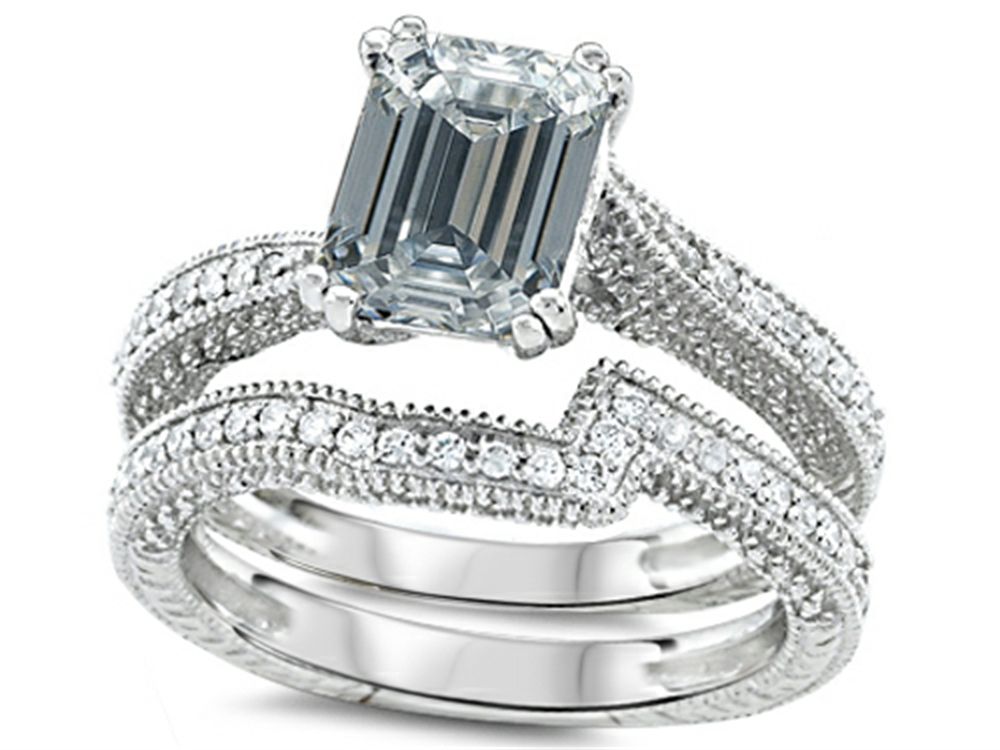 Star K Emerald Cut 8x6mm White Topaz Wedding Set 307737