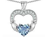 Star K™ Hands Holding 8mm Heart 1inch Claddagh Pendant Necklace With Simulated Aquamarine style: 305180