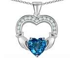 Star K™ Hands Holding 8mm Heart Claddagh Pendant Necklace With Simulated Blue Topaz style: 308789
