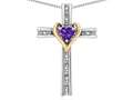 Star K(tm) 14k Yellow Gold Two Tone Love Cross with Genuine Amethyst Heart Stone Pendant Necklace 16 x 25mm