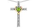 Star K(tm) 14k Yellow Gold Two Tone Love Cross with Genuine Peridot Heart Stone Pendant Necklace 16 x 25mm