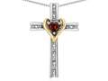Star K(tm) 14k Yellow Gold Two Tone Love Cross with Genuine Garnet Heart Stone Pendant Necklace 16 x 25mm