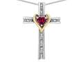 Star K™ 14k Yellow Gold Two Tone Love Cross with Created Ruby Heart Stone Pendant Necklace