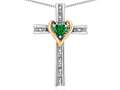 Star K™ 14k Yellow Gold Two Tone Love Cross with Simulated Emerald Heart Stone Pendant Necklace 319184