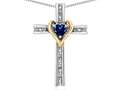 Star K™ 10k Yellow Gold Two Tone Love Cross with Created Sapphire Heart Stone Pendant Necklace 16 x 25mm 319193