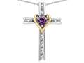 Star K(tm) 10k Yellow Gold Two Tone Love Cross Simulated Alexandrite Heart Stone Pendant Necklace 16 x 25mm