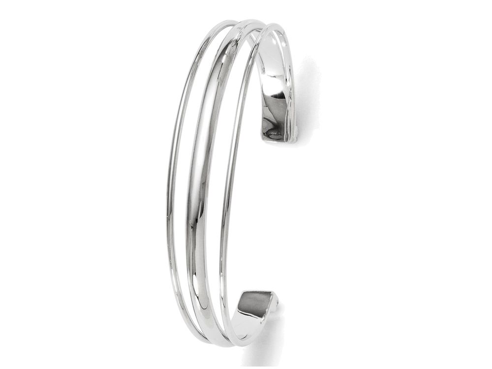 Finejewelers Silver Shiny Ridged Edge Slightly Concaved Slip On Bangle with Cubic Zirconia 