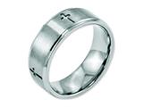 <b>Engravable</b> Chisel Stainless Steel Ridged Edge Cross 8mm Brushed And Polished Wedding Band style: SR109
