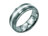 <b>Engravable</b> Chisel Stainless Steel Sterling Silver Inlay Ridged Edge Brushed And Polished Wedding Band style: SR120