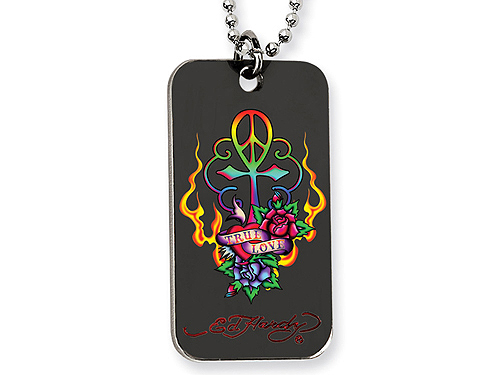 Ed Hardy Love Peace Cross Dog Tag Painted Necklace