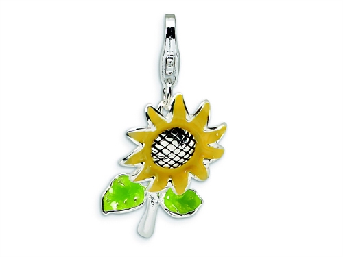 925 Sterling Silver Rhodium-plated Enameled Surf Board with Flowers Lobster Clasp Charm