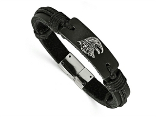 Chisel Stainless Steel Polished Antiqued Eagle Head Black Leather